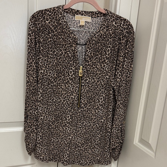 Michael Kors Tops - Michael Kors Leopard-Print Zip Front Blouse in Brown and Black
